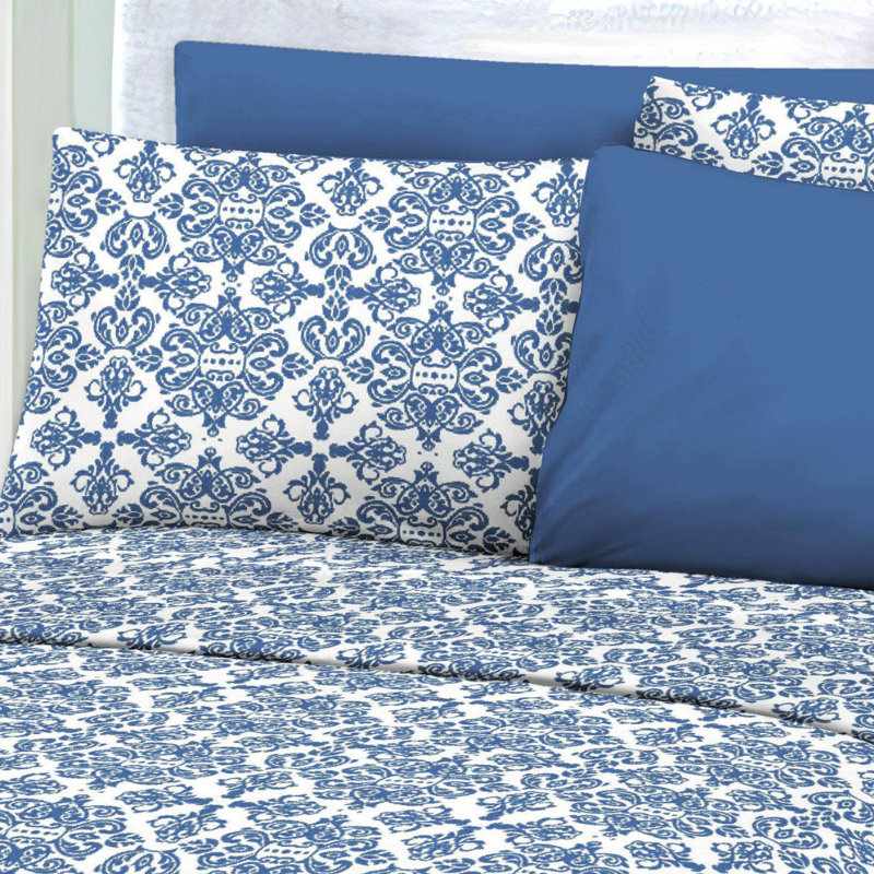 Percale Damask Sheet Set, Blue, King Sheet Set + 1 Fitted Sheet + 4 Pillowcases