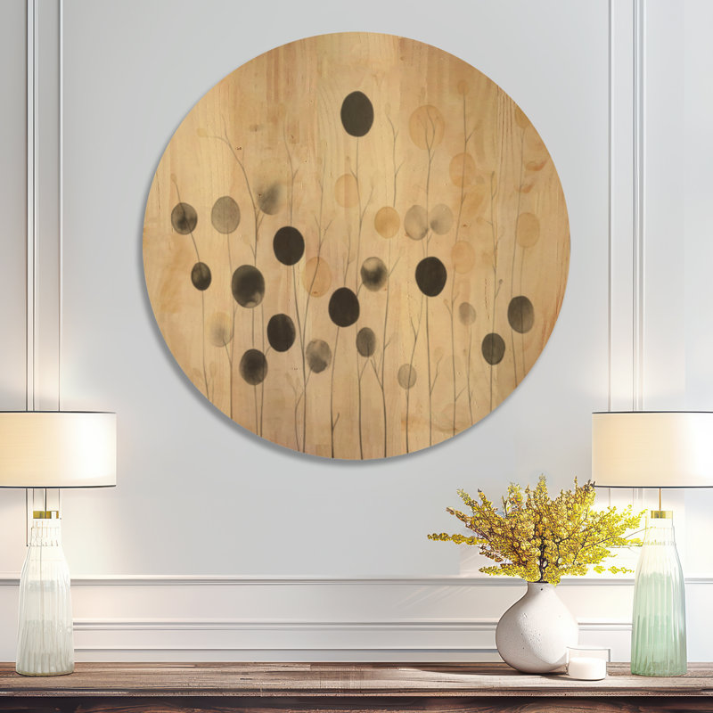 Têtes de graines à l'encre I - Décoration murale ronde botanique beige, imprimée sur bois, 23" Round, Rond