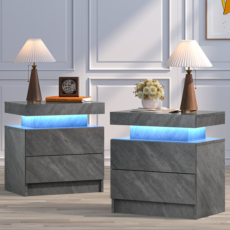 Ensemble de 2 tables de chevet DEL avec 2 tiroirs pour chambre à coucher, Gris, Ensemble de 2