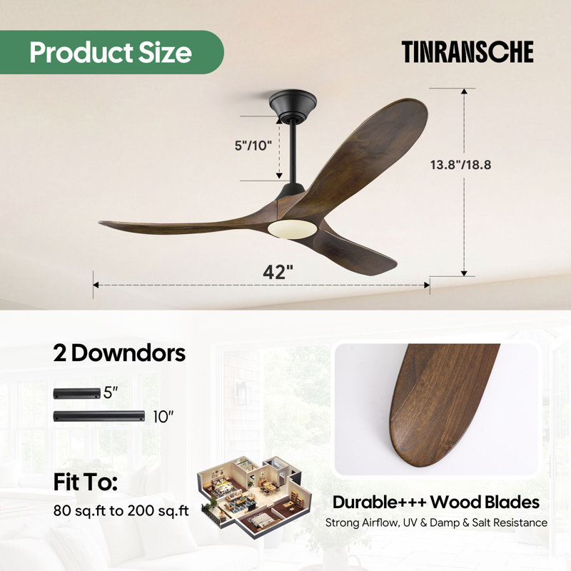 Ventilateur de plafond intelligent avec lumière et télécommande, télécommande et application, pales en bois massif, moteur à courant continu réversible