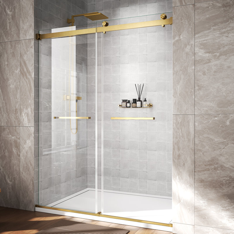 56–60" W X 76" H Double Sliding Shower Door 3/8”(10mm) Tempered Glass And Stainless Steel Hardware Brushed Gold, Brushed Gold