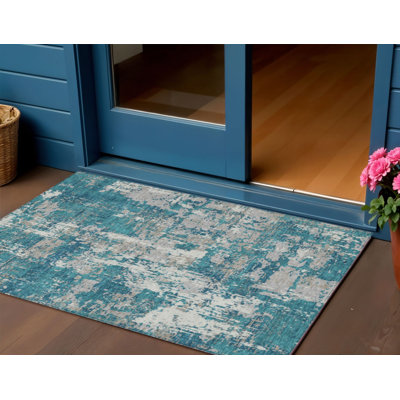 3' X 5' Teal Blue Abstract Washable Indoor Outdoor Area Rug