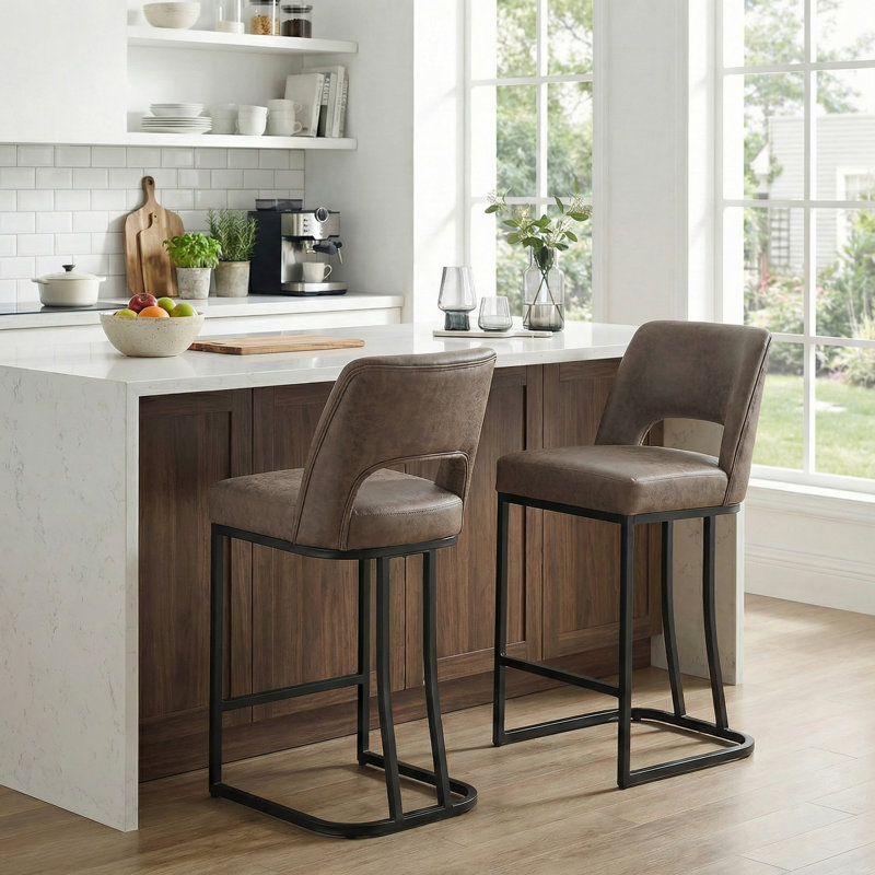 Tabouret de bar moderne en similicuir avec structure en métal, tabourets de bar modernes à hauteur de comptoir avec dossier découpé, ensemble de 2