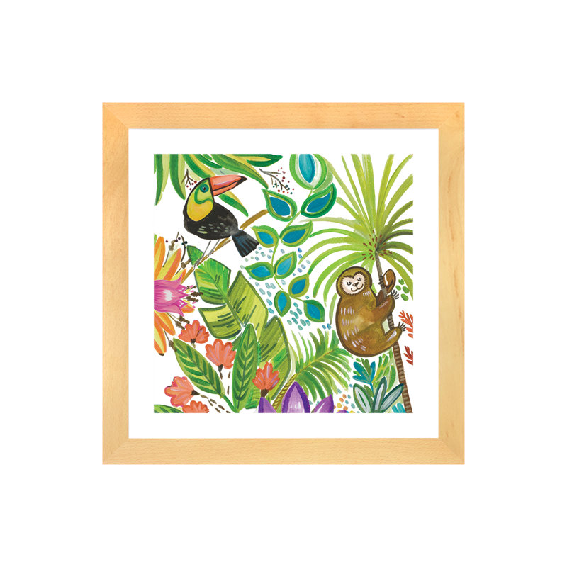 Art tropical encadré, H 16 po x l 16 po x P 1 po, Papier beaux-arts encadré bois naturel