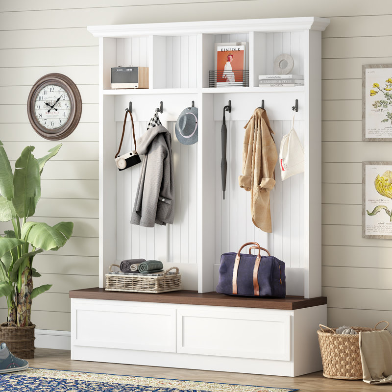 Arbre d'entrée avec banc Farmhouse Mudroom avec banc, organisateur de vestibule 4 en 1 avec portemanteau, compartiments de rangement spacieux