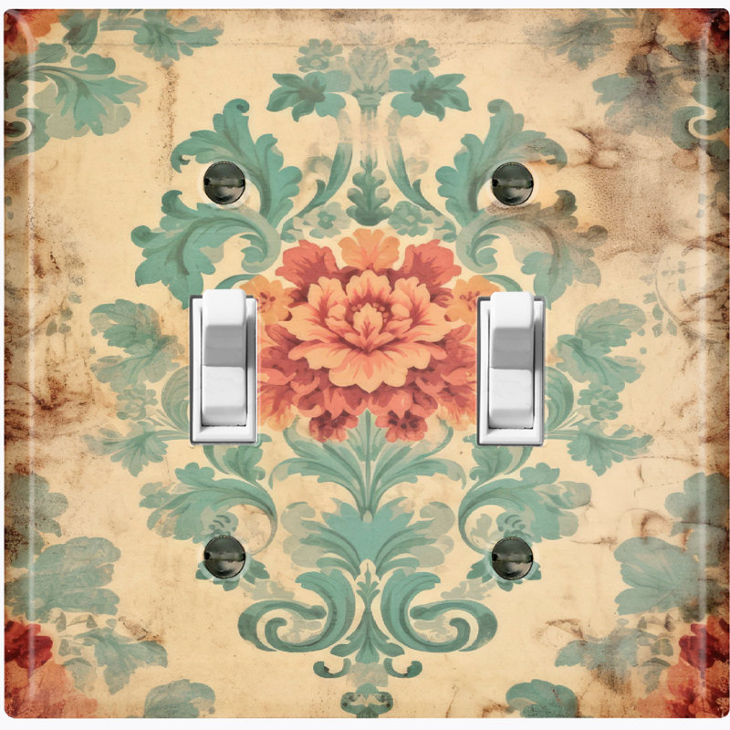 Metal Light Switch Plate Outlet Cover (Elegant Biege Damask Rose - Double Toggle)