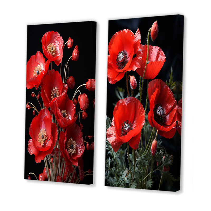 Cascading Reds Dynamic Poppy Scene I - Poppies Canvas Art Print Set Of 2, Wrapped Canvas, 28" H x 25" W