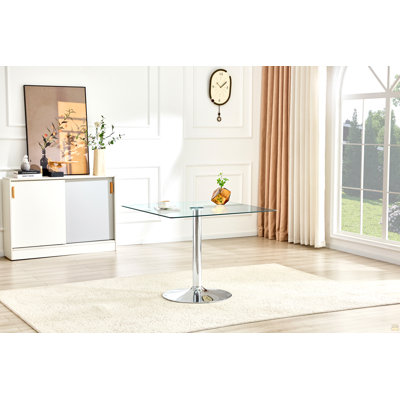 Table de salle à manger 38,5 pouces moderne minimaliste carrée en verre avec base en métal à une colonne. Disponible en argent. Table de salle à manger à domicile. Convient pour 2 à 4 personnes.