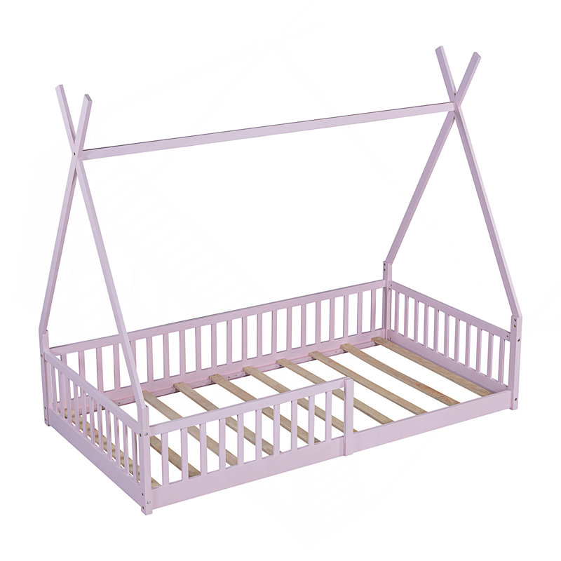 Lit simple en bois avec clôture, Rose
