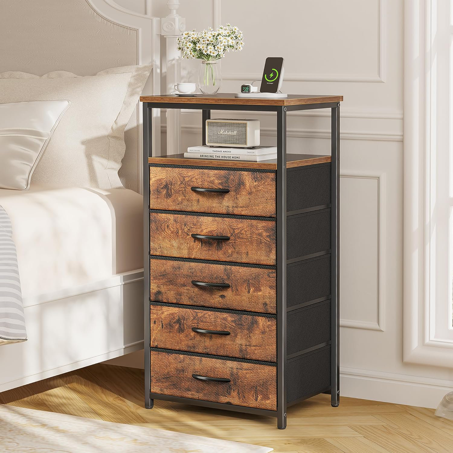 ERTCHUE RIED Rustic Brown Tall Dresser With 5 Fabric Drawers, Open Shelf, USB Ports & Outlets ...