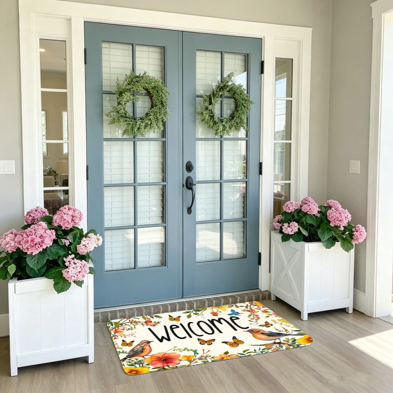 Tapis d'entrée à motif floral blanc, oiseaux et papillons, pour patio ou couloir, 51 x 81 cm