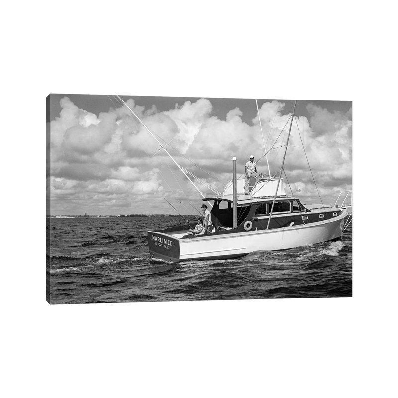 1950s Group of 3 Men Trolling off of Fishing Boat in Gulf Stream 1 Piece Wrapped Canvas Wall Art, 20.32 cm H x 30.48 cm W
