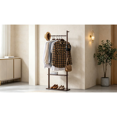 Solid Wood Clothes Rack 23.6in with Shelves Hooks Walnut