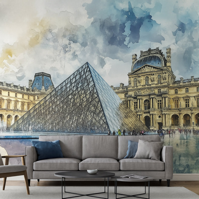 Murale Louvre Paris - Pyramide aquarelle et papier peint musée, L 120 po x l 80 po, Non tissé