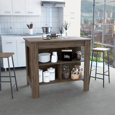 Îlot de cuisine, quatre pieds, trois tablettes, brun foncé