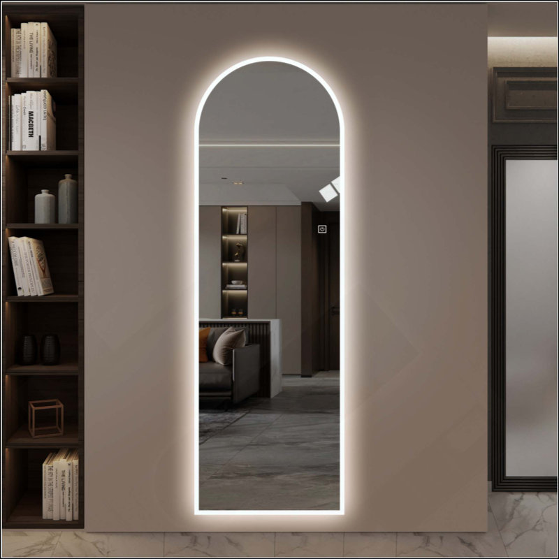 LED Full Length Wall Mirror, Symmetrical Arch Design With Frosted Glass Border, Dimmable Temperature Lighting, Copper-Free Glass, Hardwired Or Plug-In