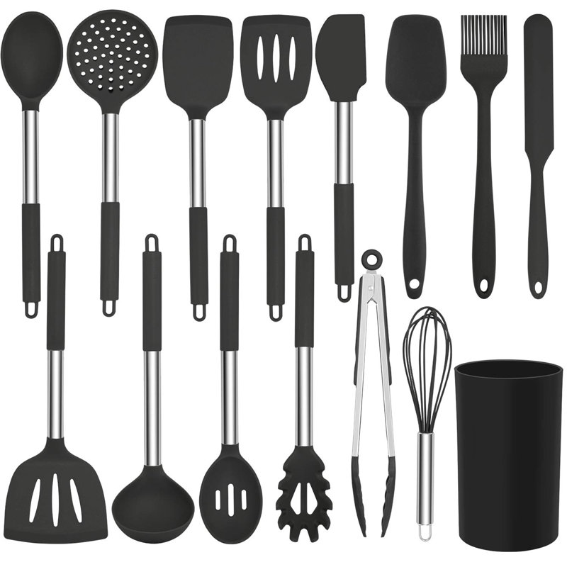 27-Piece Black Silicone and Stainless Steel Kitchen Utensils Set