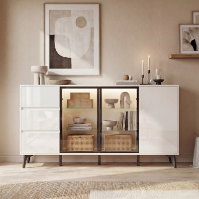 Modern Sideboard With Led Lights, Buffet Cabinet Featuring 2 Glass & 1 Wood Doors And 3 Large Drawers, Display Storage Cabinet For Living Room, Dining Room, White
