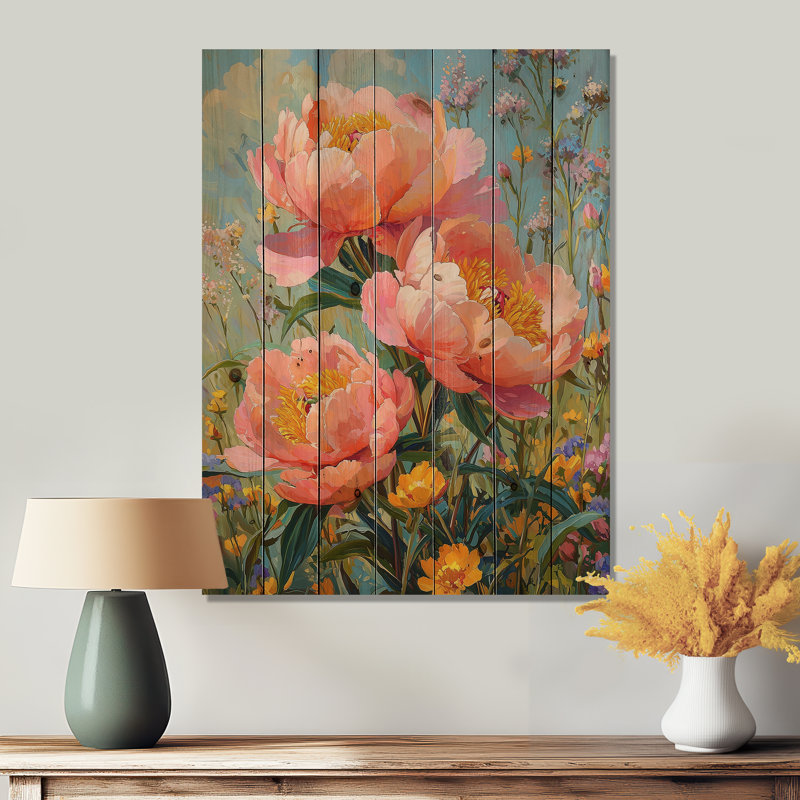 Peonies In The Wildflower Patch II - Peonies Wood Print - On Natural Pine Wood, 32" H x 24" W x 0.78" D