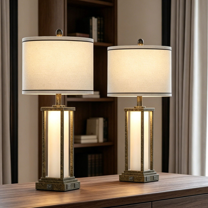 27” Tall Vintage USB Table Lamp Set with Nightlight, Bulb Included, Distressed Black