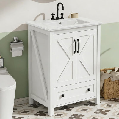 30" Bathroom Vanity with Ceramic Sink, Modern Freestanding Vanity Cabinet with 2 Doors & Drawer, Wood Storage for Bathroom, White