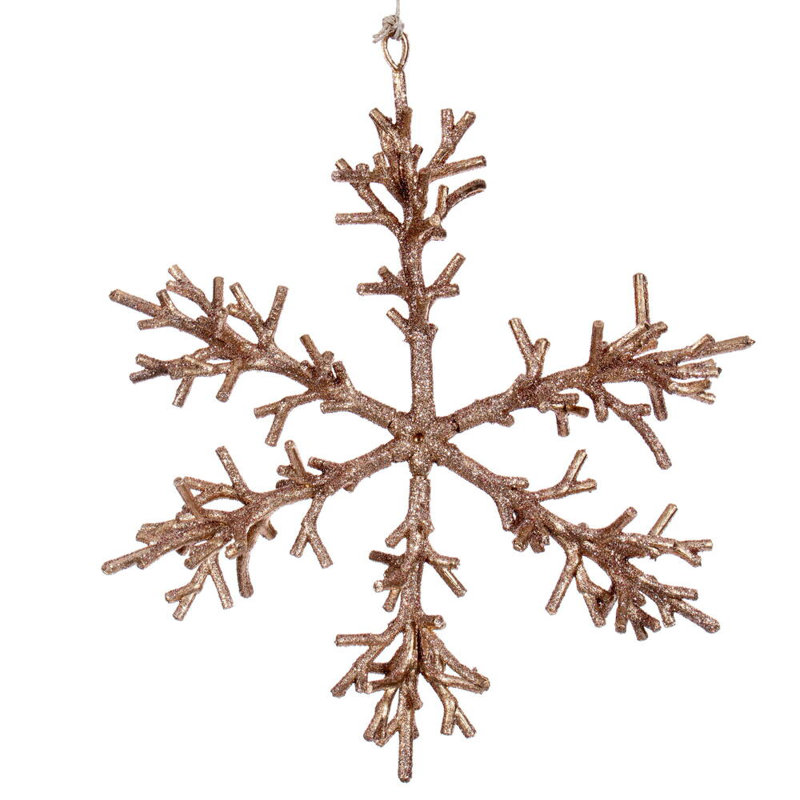Vickerman Twig Snowflake Ornament. Includes 3 pieces per bag., 3" H x 9" W x 9" D, Rose Gold