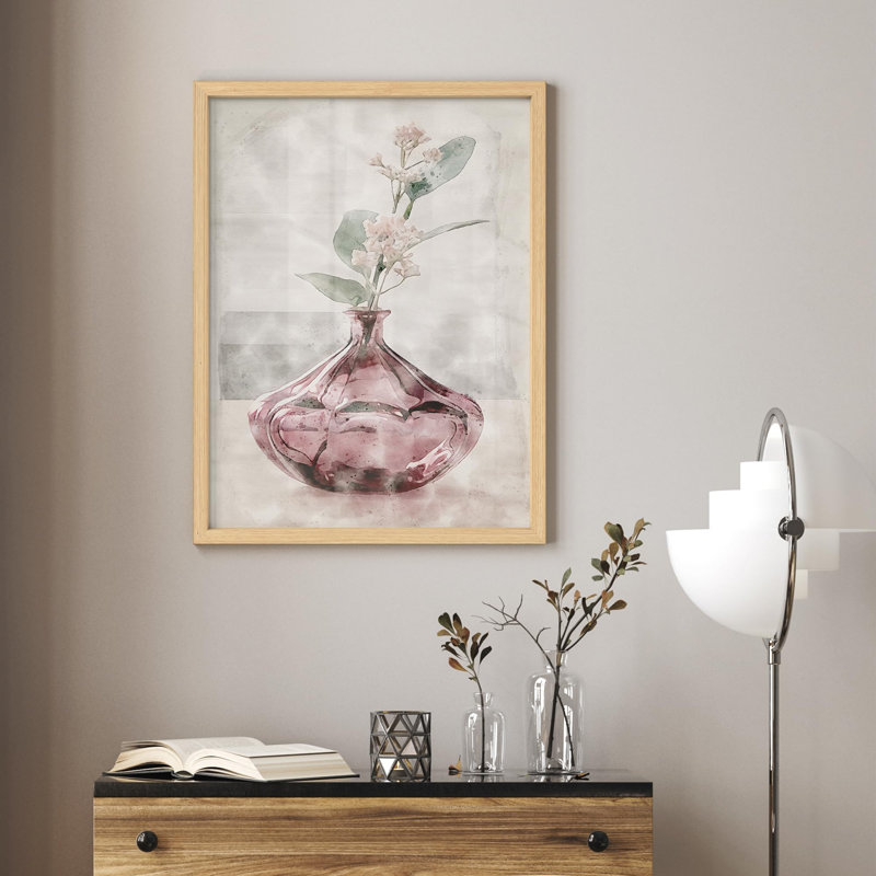 Aquarelle de fleurs dans un vase en verre rose, Naturel, H 14 po x l 11 po