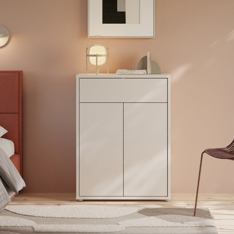 Chadwic Modern minimalistic shoe cabinet with 2 doors and 1 drawer, engineered wood, beige, 74.5 cm W x 99.1 cm H x 34.9 cm D