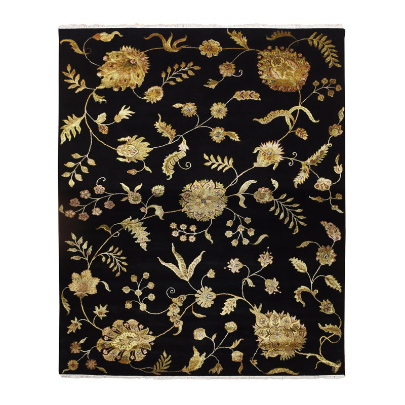 Tapis oriental noir, onyx 8 pi 2 po x 10 pi, motif botanique sans bordure, mi-laine et mi-soie, tissé dense, velours doux, noué à la main