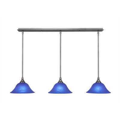 3 Light Stem Hung Linear Pendalier Shown With 10" Blue Italian Glass