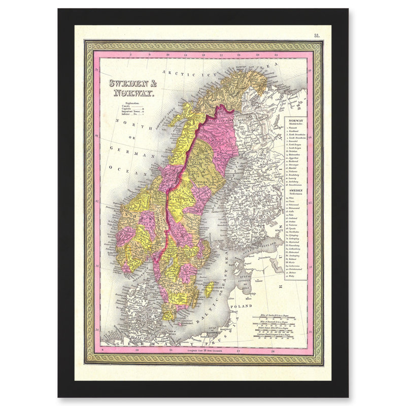 1850 Mitchell Vintage Map Of Sweden And Norway - Single Picture Frame Print