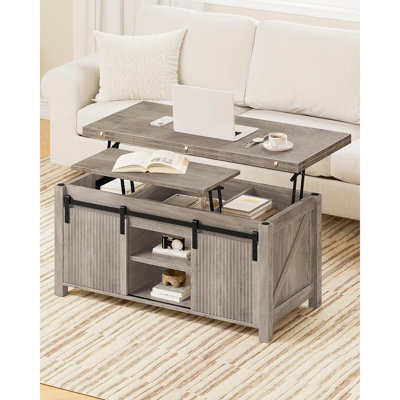 Table basse relevable, table basse polyvalente 4 en 1, tables basses convertibles Farmhouse, avec compartiments cachés, avec portes coulissantes, pour salon, salle à manger, appartement, Greige