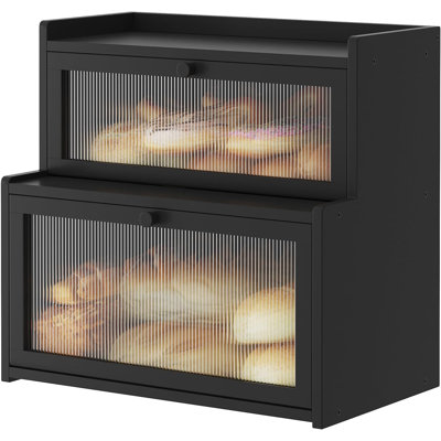 Boîte à pain à double couche en bambou pour comptoir de cuisine, porte-pain, rangement de pain de comptoir avec fenêtre (noir)