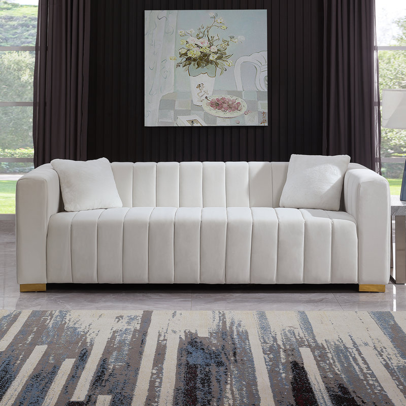 Canapé en velours de luxe 87 po avec 2 coussins Clifford, Doré, Blanc