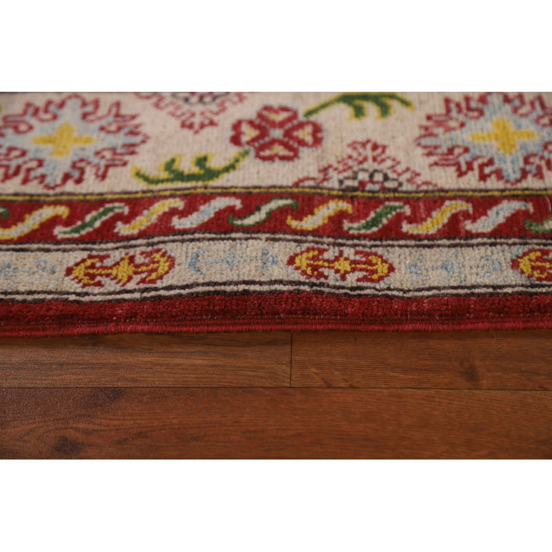 Tapis rouge / vert / ivoire en laine noué à la main de conception unique 6 pi 6 po x 9 pi 8 po New Age