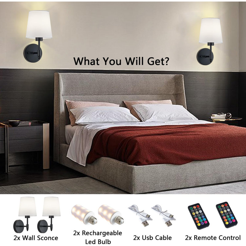 Rechargeable Cordless Wall Sconces Set Of 2 With Dimmable LED Bulb, Remote Control, And 13 Colour Options For Bedroom, Living Room, And Hallway