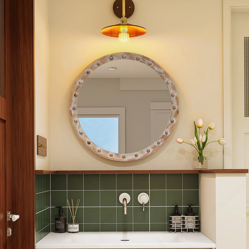 Round Wall Mirror With Rivet Detail