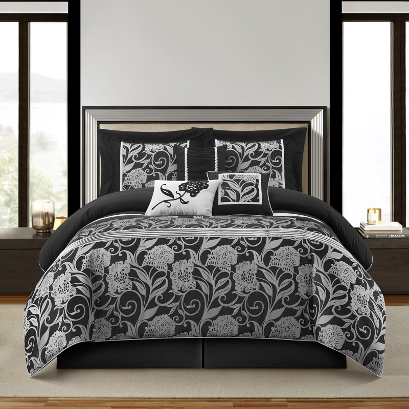 Fennville Microfiber 7 Piece Comforter Set, Queen Comforter + 6 Additional Pieces, Black/Silver