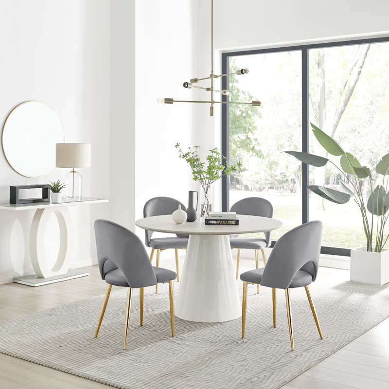 Edzard Statement 4 Person Round Dining Table Set in Luxury Stone Effect - Velvet Dining Chairs, Grey/Gold