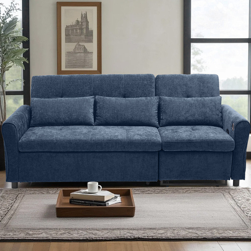 Modern 2-in-1 Convertible Sofa Bed and Recliner with USB Charging Ports, Blue Chenille