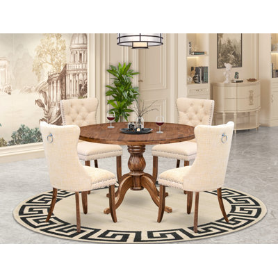 Ensemble de table de salle à manger 5 pièces moderne en polyester avec 4 chaises de cuisine beige clair, un dossier capitonné et une table ronde de 48 po au fini noyer antique.