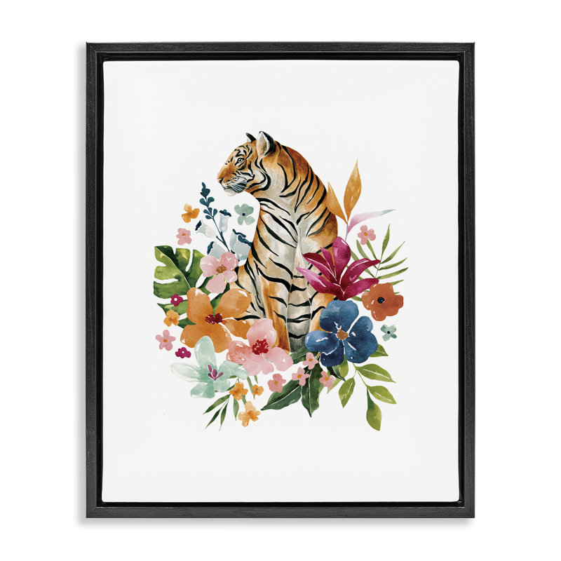 Cadre flottant avec tigre de la jungle tropicale, design par Bethany Sandoval, H 31 po x l 25 po, Cadre flottant noir de jais