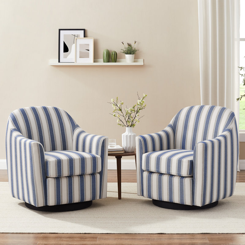 Set Of 2, 29.92In Striped Fabric Swivel Accent Chair, Navy Polyester Blend/Linen