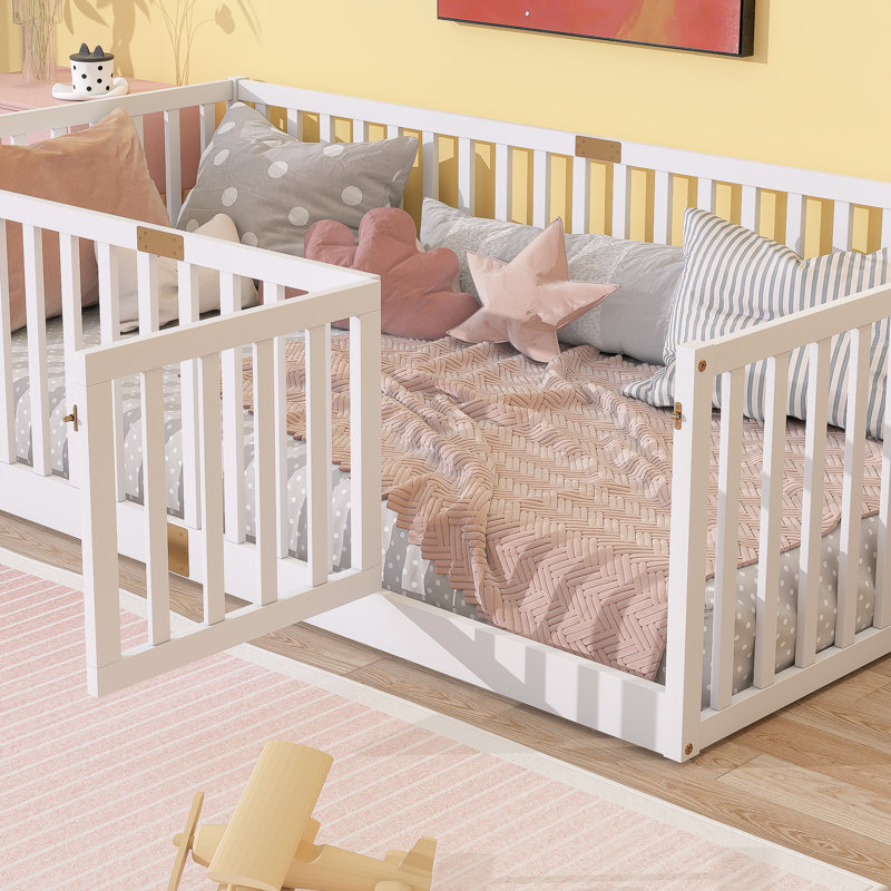 Twin Size Floor Bed with Fence Guardrails and Door, Rubber Wood Montessori Toddler Bed Frame, Kids Safety Bed,White, White