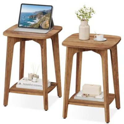 Tables d'appoint carrées à deux niveaux, tables de chevet | Pieds fuselés, transitions arrondies, brun miel