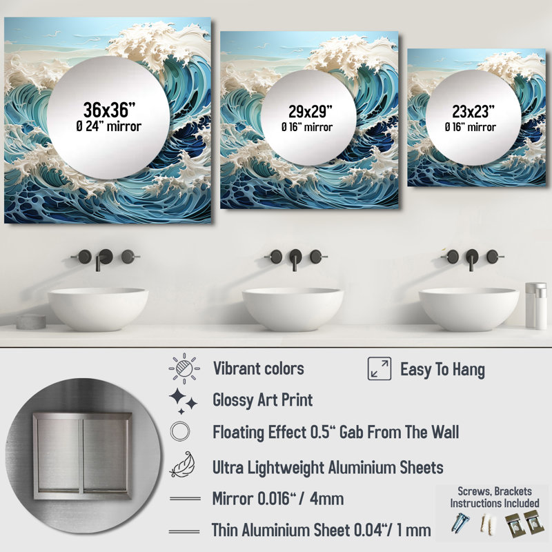 Hai - Grand miroir carré pour décoration murale Beach & Ocean, 23 po x 23 po
