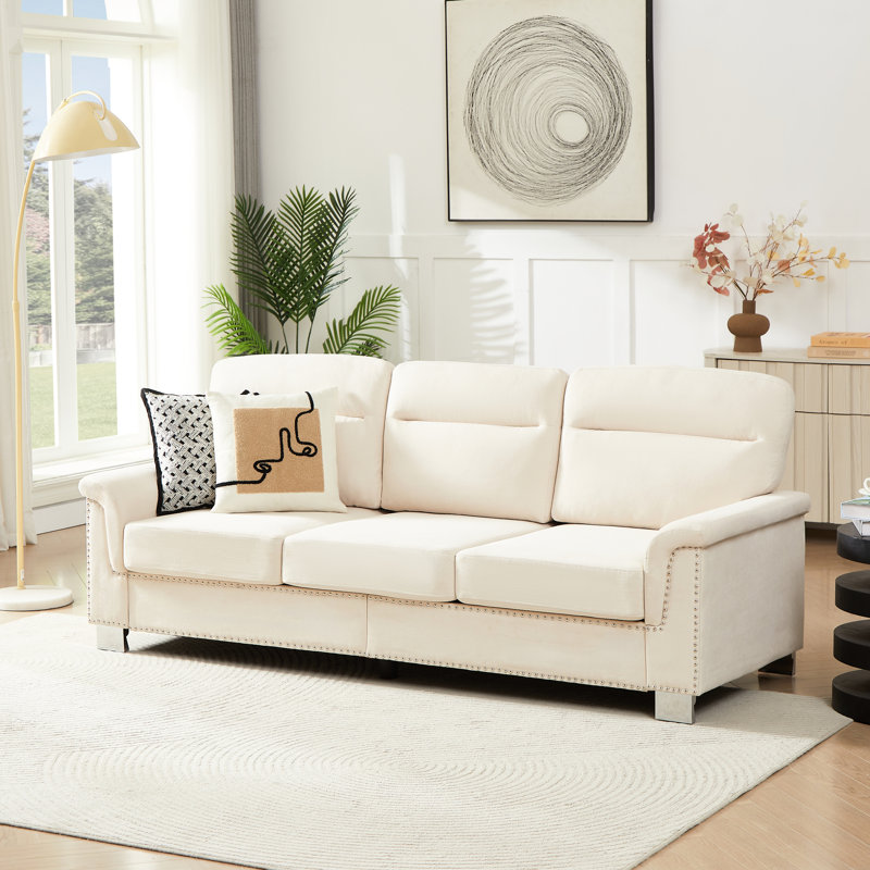 Canapé 3 places avec coussins à haute résilience beige, American Design