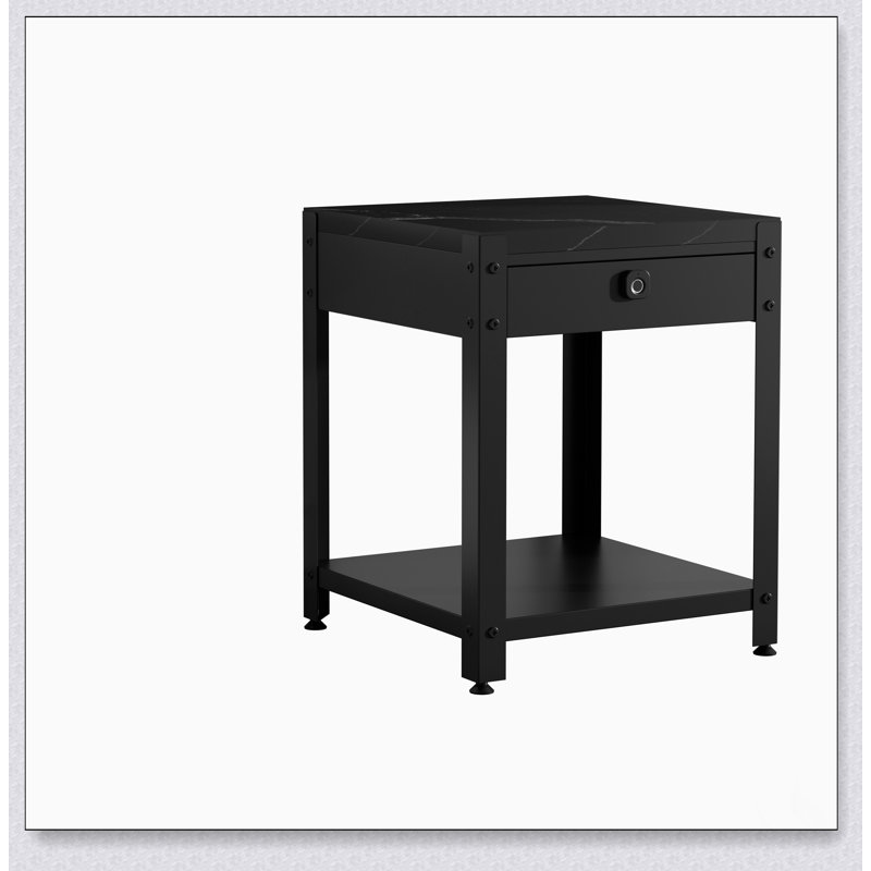 Table basse carrée à double couche avec compartiment caché et verrou d'empreinte digitale - élégant motif en marbre noir et blanc pour les espaces de vie modernes