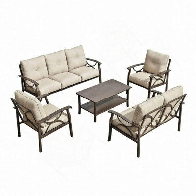 5-Piece Metal Patio Furniture Set, 7-Seat All-Weather Conversation Sofa With 4 Inches Thick Cushions,Coffee Table For Porch Backyard Garden