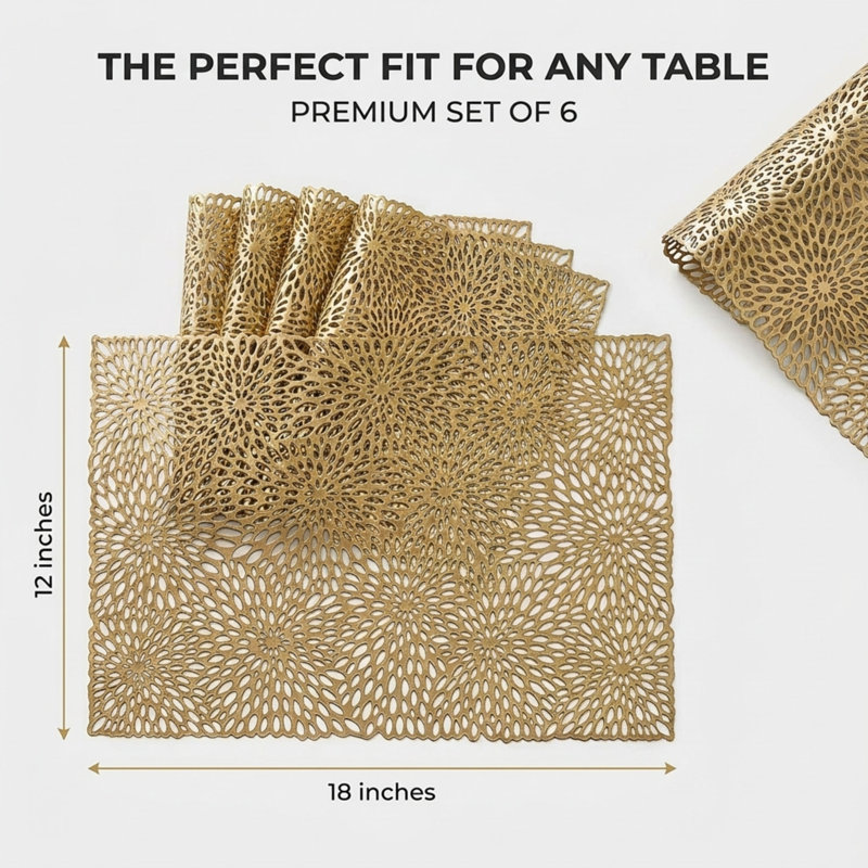 Ensemble de 6 napperons durables en PVC à chevrons résistants à la chaleur pour les repas et les décorations de Noël, Or